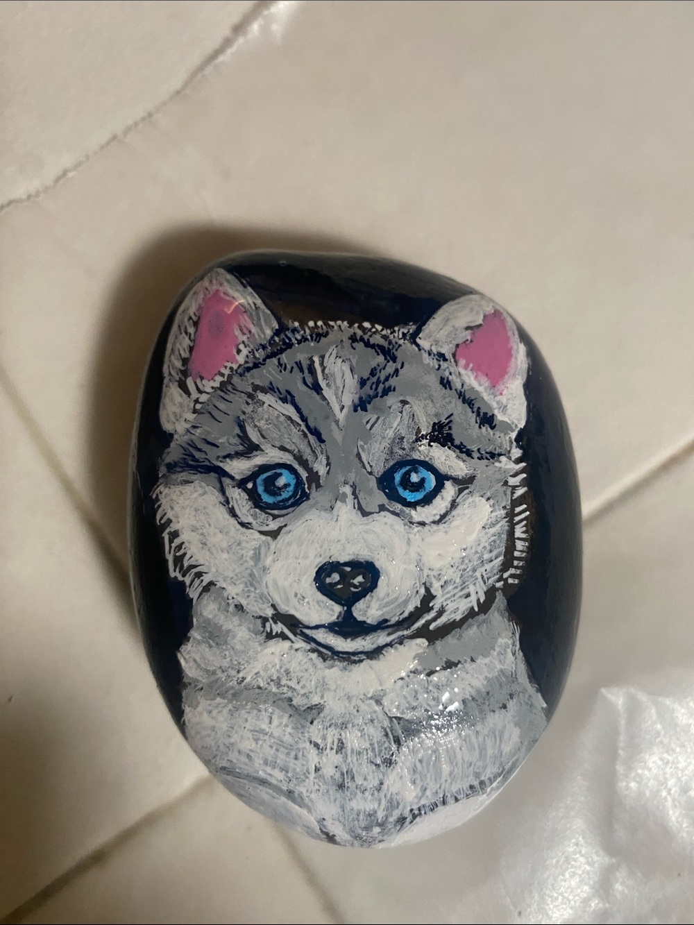 Hand-Painted Husky pup on Natural Rock